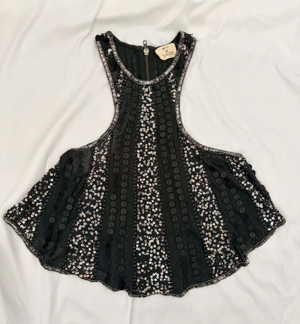 T-Bags Los Angeles Black Sequin Striped Peplum Top Size XS